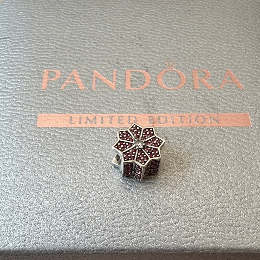 Pandora Red and Silver poinsettia flower Christmas charm